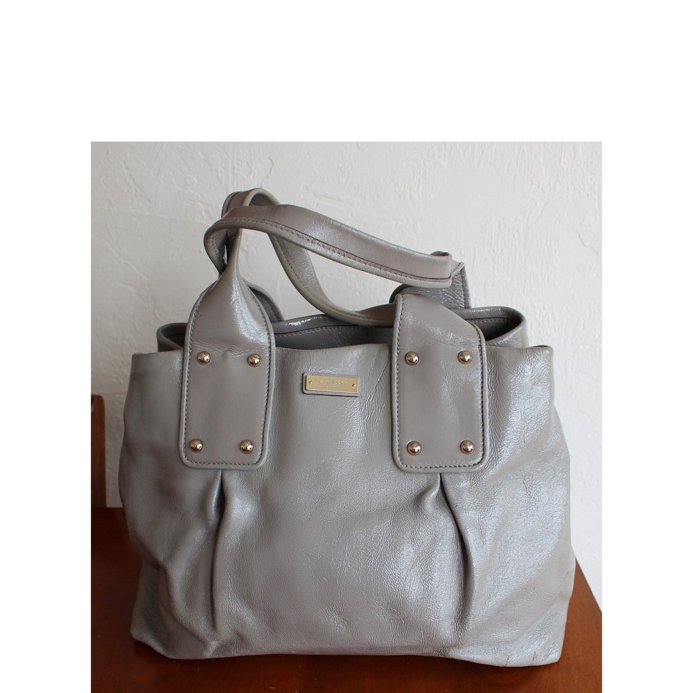 Kate Spade New York Grey Leather Pleated Tote Bag Striped Lining - Picture 2 of 15